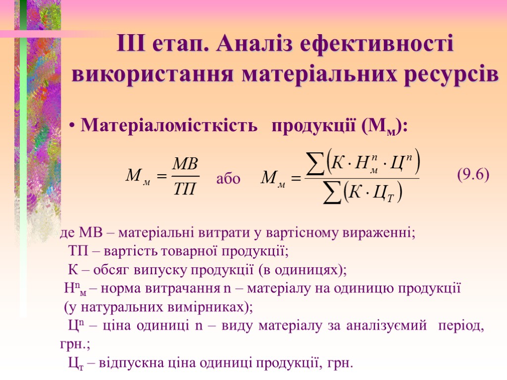 III етап. Аналіз ефективності використання матеріальних ресурсів Матеріаломісткість продукції (Мм): або (9.6) де МВ